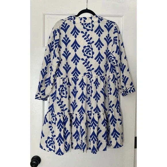 Zara Tiered Tunic Dress Large Carrie Babydoll Vine White Blue Beach Preppy Blog - Picture 7 of 9